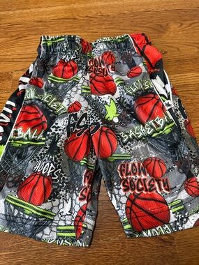 Boys Basketball Graphic Athletic Shorts in Red, Black & Neon Green